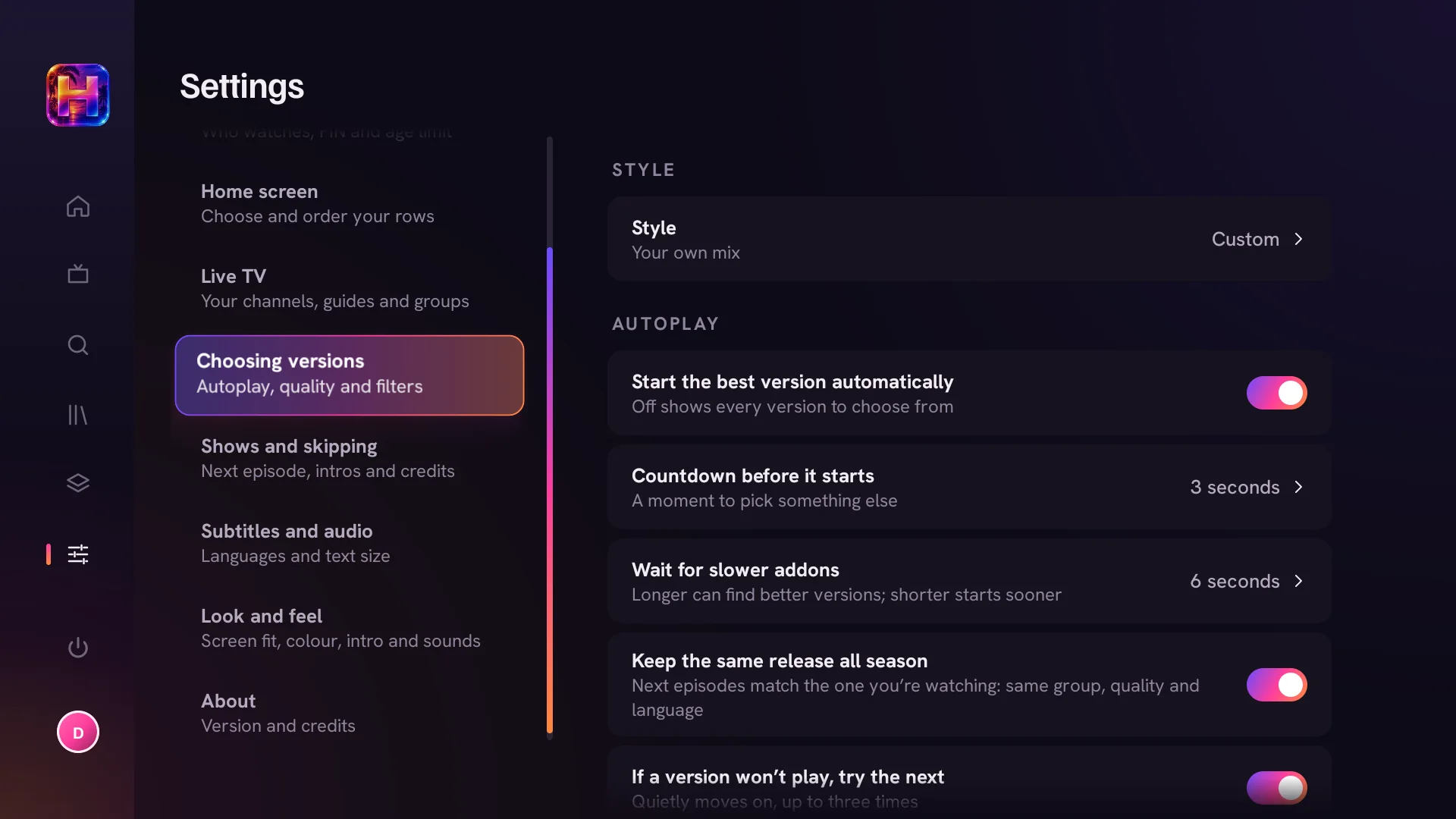Choosing versions settings: style, start the best version automatically, countdown, wait for slower addons and keep the same release all season