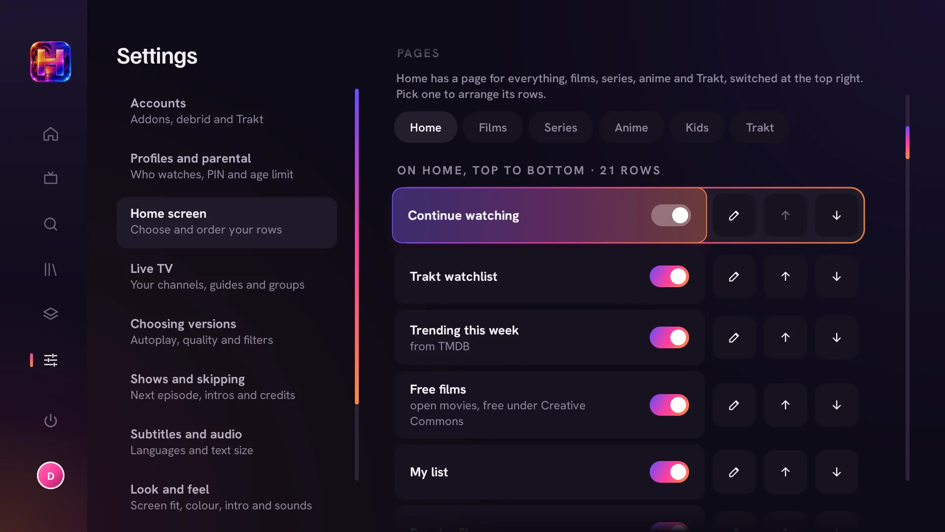 Home screen settings: page tabs and a list of rows with on and off switches, rename and up and down arrows