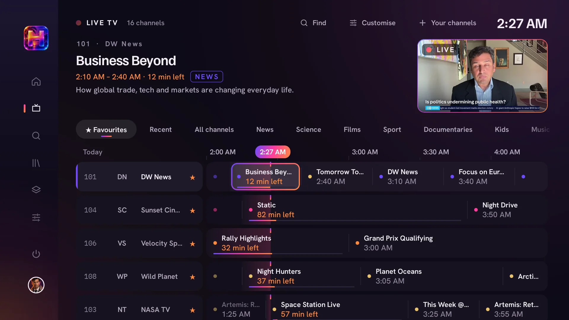 The live TV guide: channels down the side, programmes along a timeline and the channel you're on in a small window