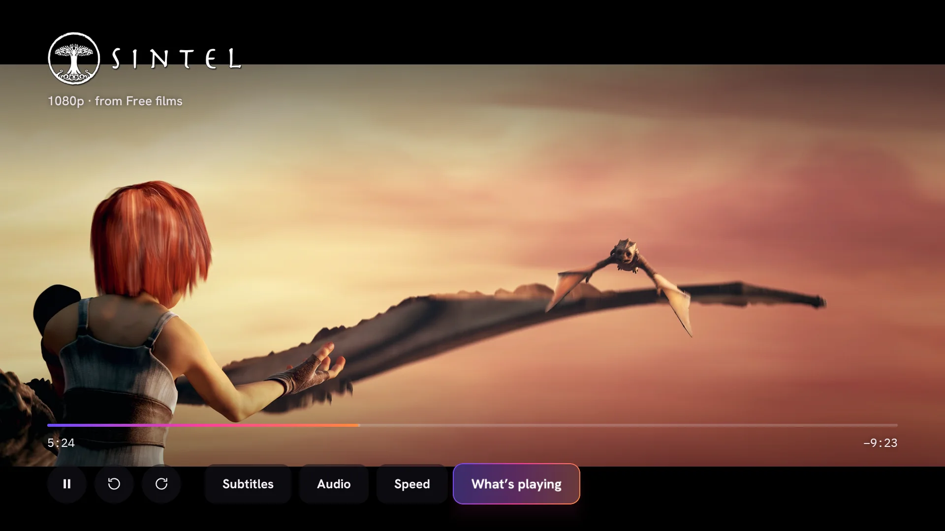 The player over Sintel, a free Blender film: title art, the version playing, a progress bar and Subtitles, Audio and Speed buttons