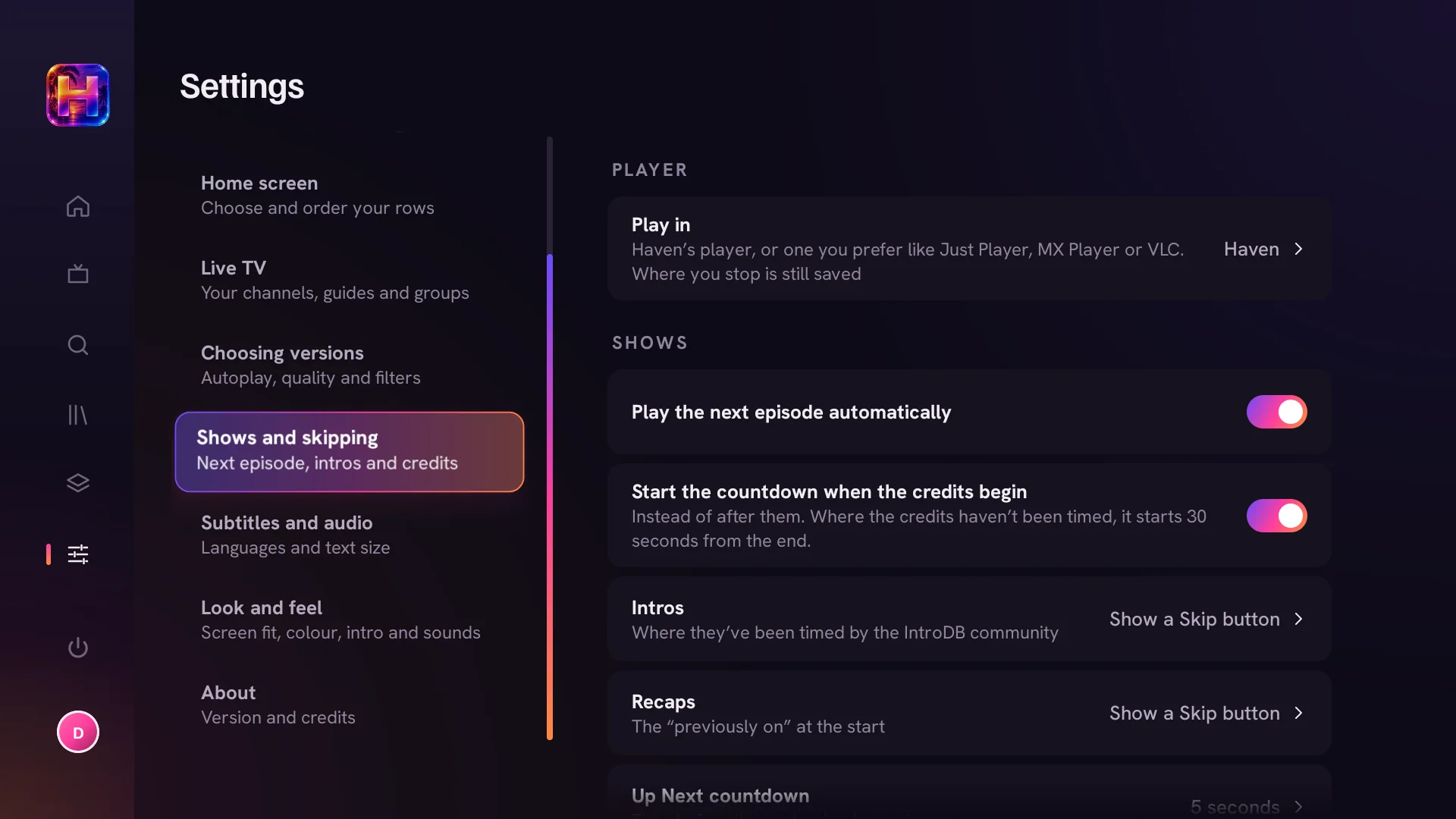 Shows and skipping settings: player, next episode, credits countdown, intros and recaps